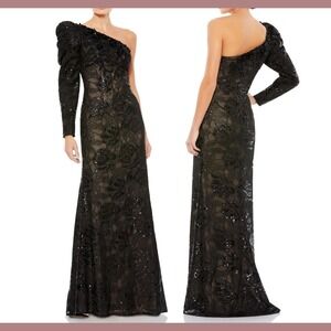 NWT Mac Duggal [ 4 ] 12444‎ Embellished One Puff Sleeve Trumpet Gown Black J1585